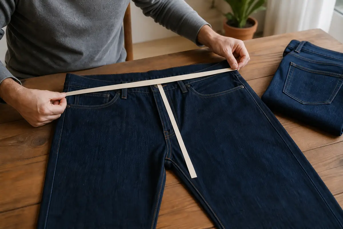 An adult comparing the dimensions of plain dark indigo jeans