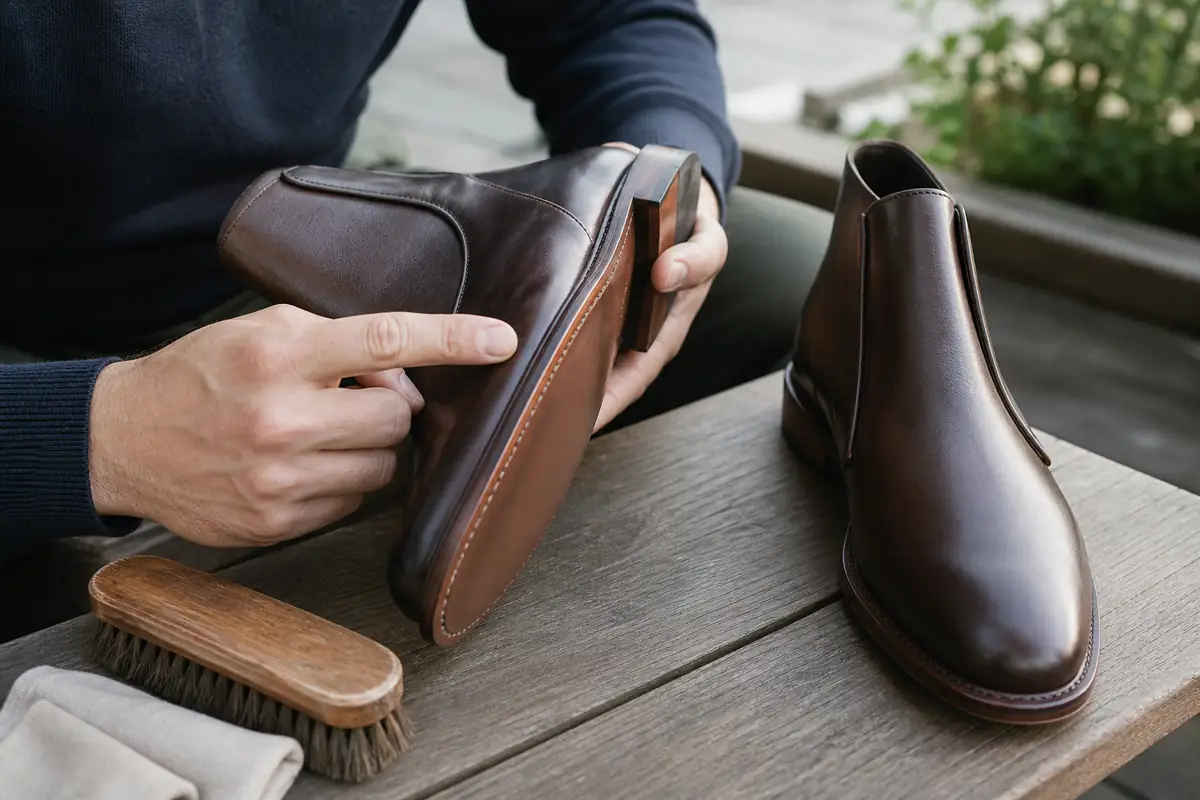 An adult inspecting the upper and sole edge of plain leather boots