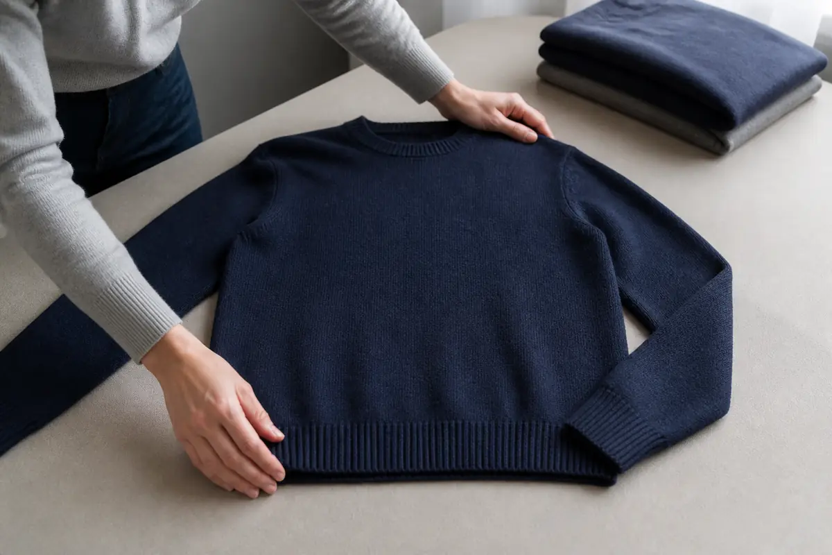 An adult laying a plain navy jumper flat to check its shape