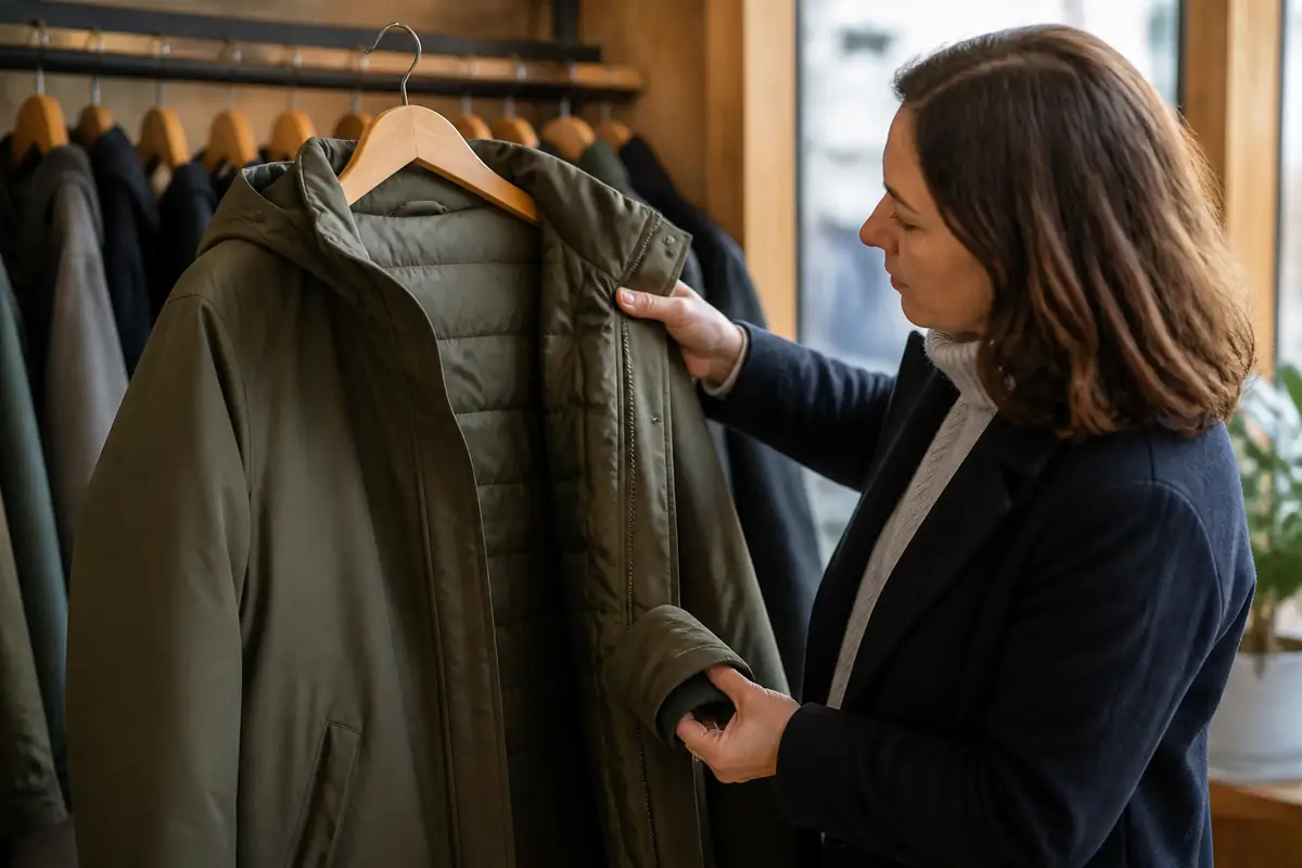 An adult inspecting the shell, insulation and cuff of a plain winter coat