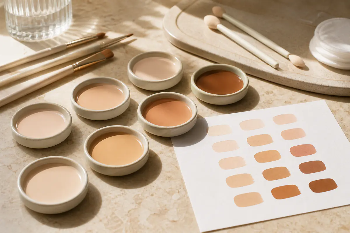Unbranded concealer shade samples and clean tools arranged on a warm stone vanity in daylight