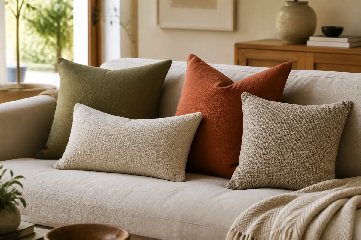 A natural sofa setting with varied fictional unbranded cushions showing size, filling and colour balance