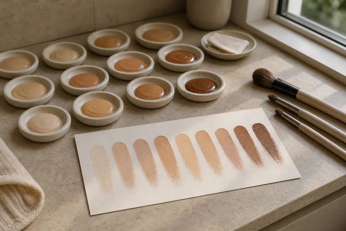 Unbranded foundation shade samples and plain brushes arranged on a warm stone vanity in daylight