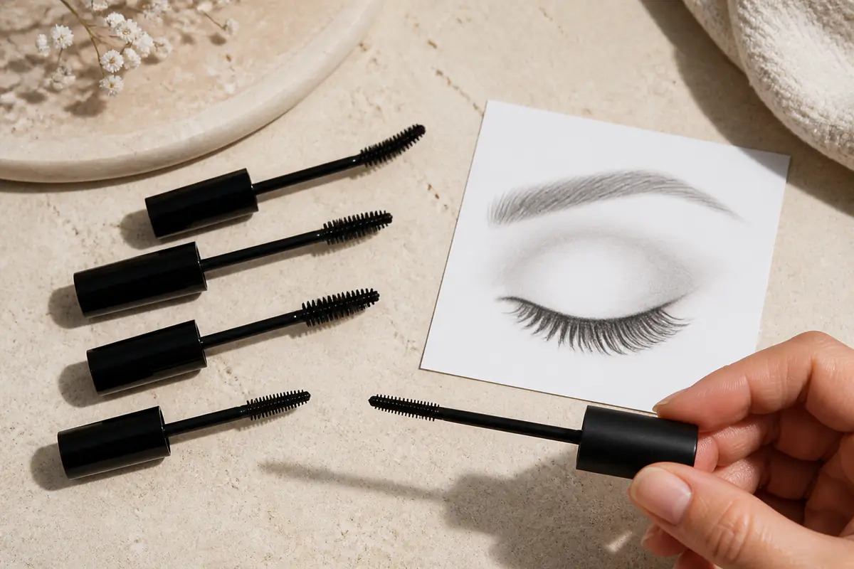 Generic unbranded mascara wands with different brush shapes beside an abstract eye practice card
