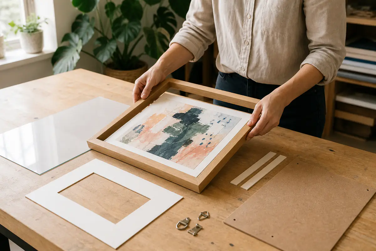 An adult framing original abstract art with a timber frame, mount, glazing, backing and plain hanging hardware