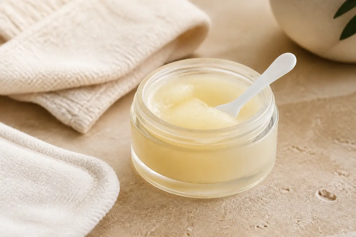 An unbranded cleansing balm in a plain glass jar with a clean spatula and soft cleansing cloths