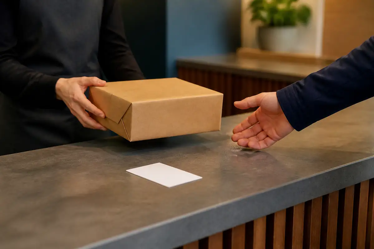 An adult collecting a plain parcel beside a blank release card