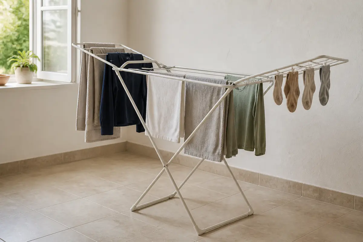 An unbranded winged clothes airer with spaced laundry in a bright utility room