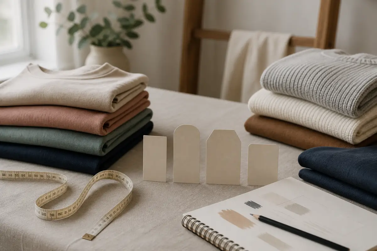 Unbranded folded garments, blank pattern cards and a measuring tape prepared for an alteration decision