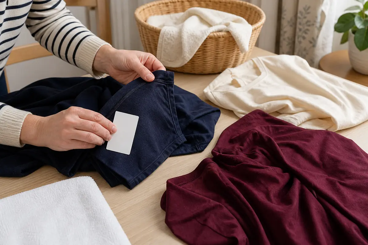 Adult hands comparing plain navy fabric with a blank colour card beside separated burgundy and cream garments