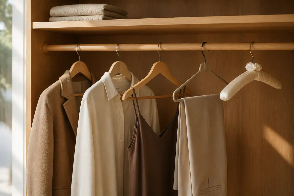 Wooden, slim and padded hangers supporting plain garments in a wardrobe