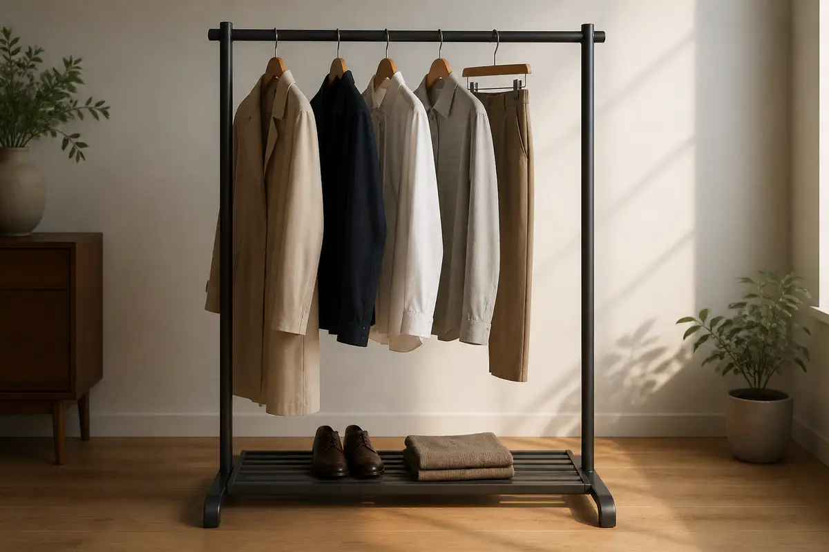 A sturdy unbranded freestanding clothing rail with spaced plain garments