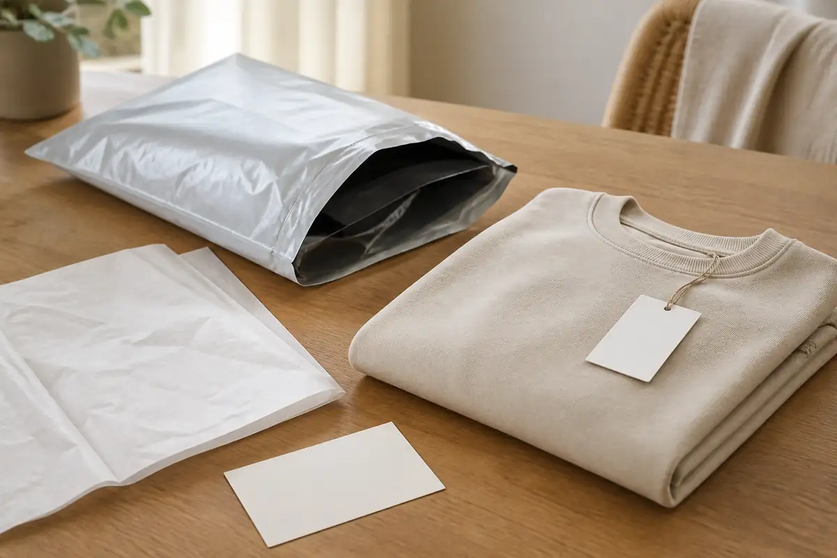 A folded plain garment with a blank tag and return materials