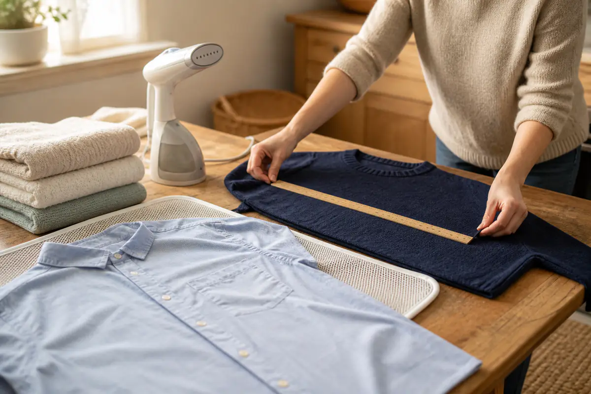 Plain unbranded clothing-care tools beside folded garments on a bright work surface
