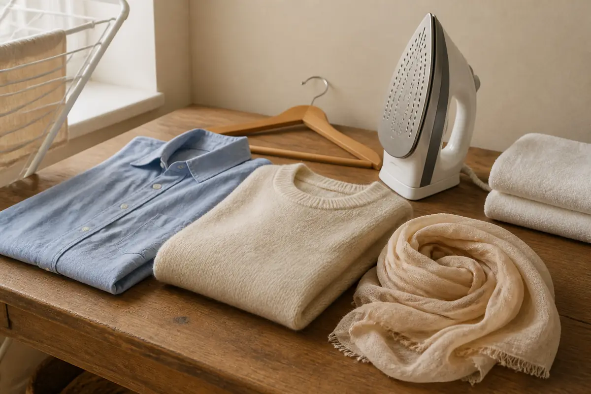 Fictional unbranded garments arranged with an iron, hanger, drying rack and towels for a careful stain-treatment decision