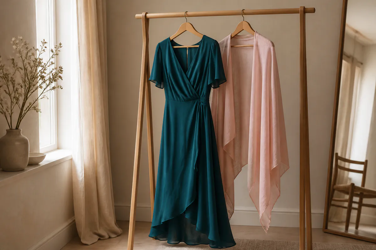 A fictional unbranded teal occasion dress and soft rose wrap on a plain wooden rail