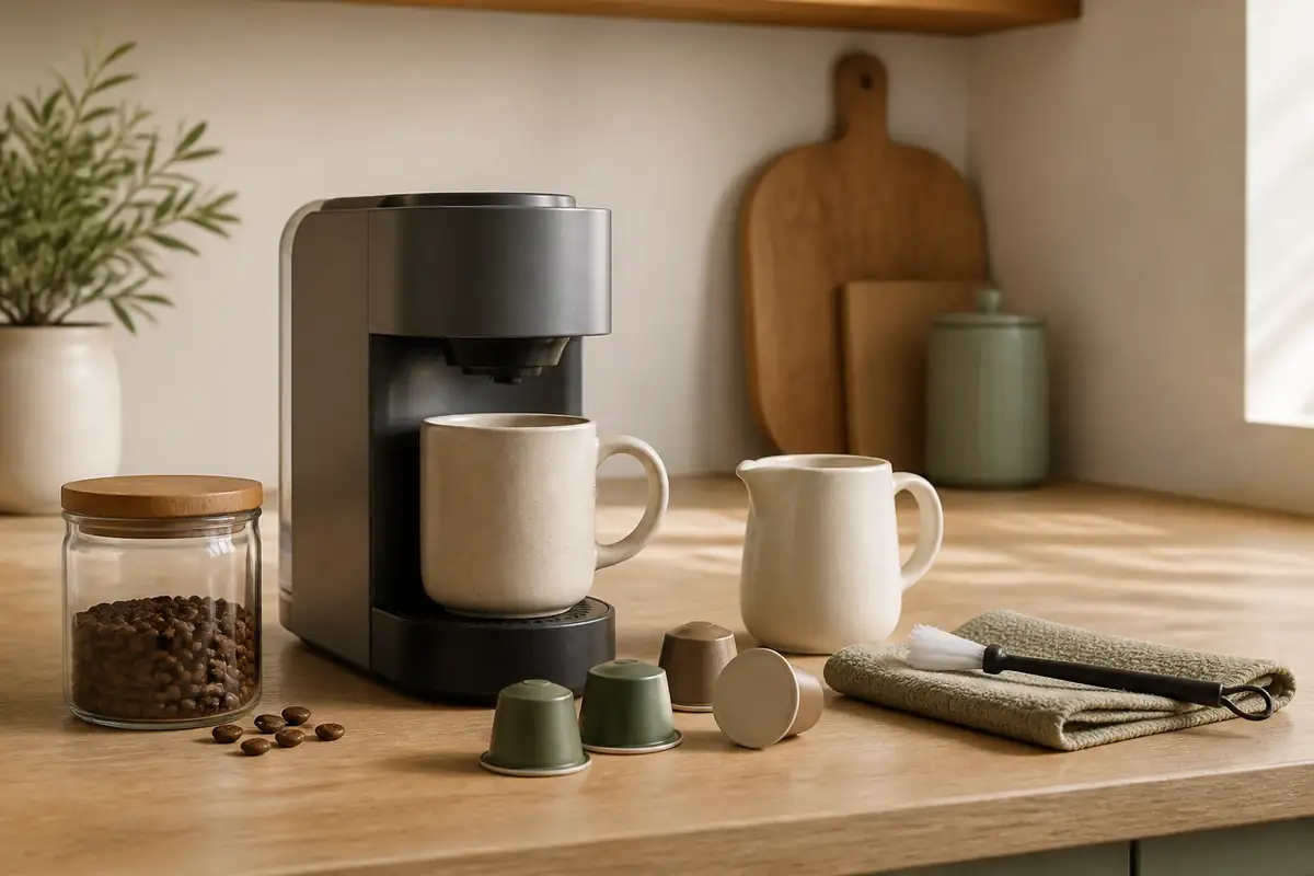 An unbranded home coffee brewer beside beans, capsules, milk and cleaning tools