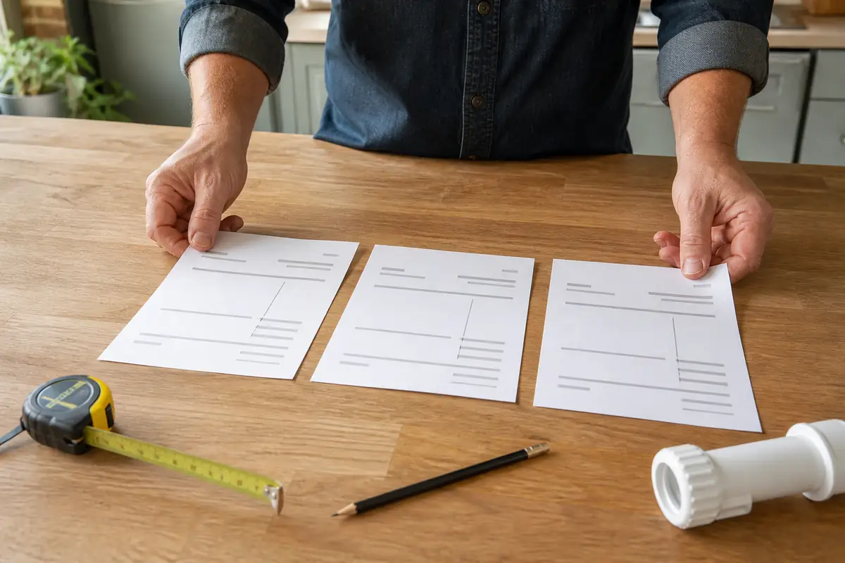 An adult comparing three blank installation quote sheets