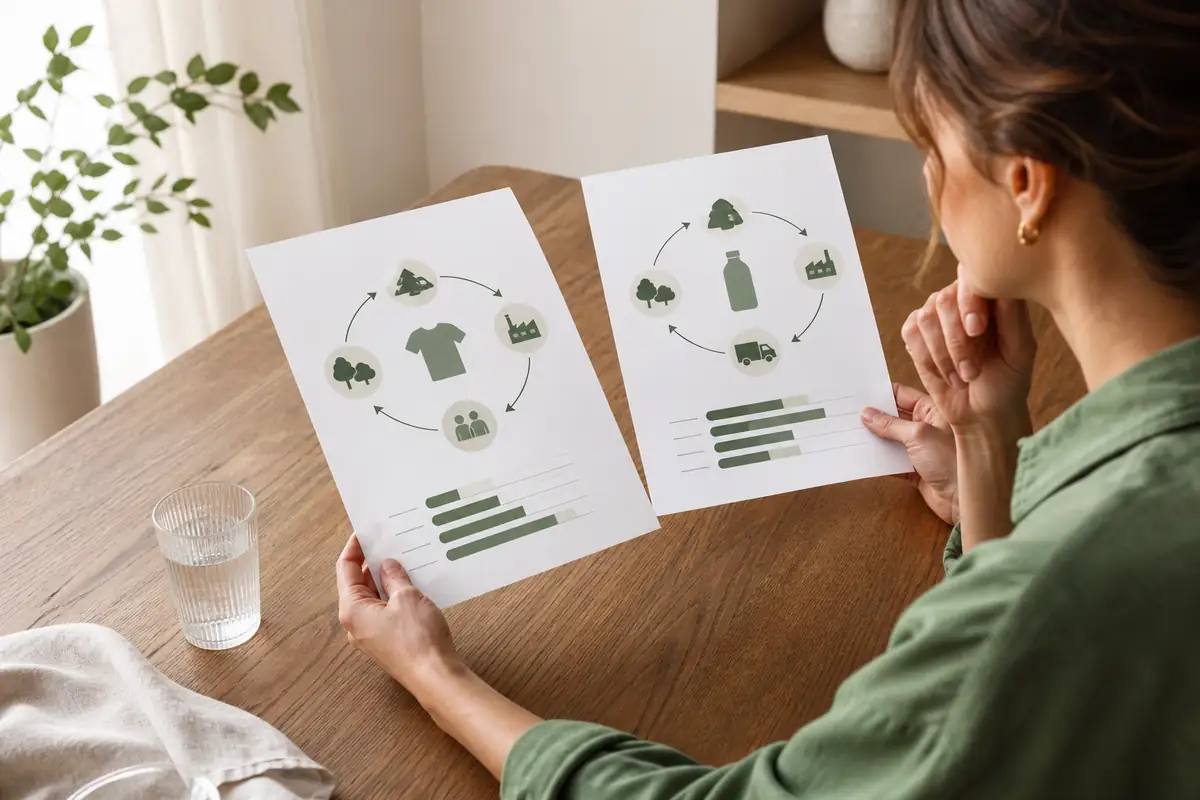 An adult comparing two abstract product lifecycle diagrams