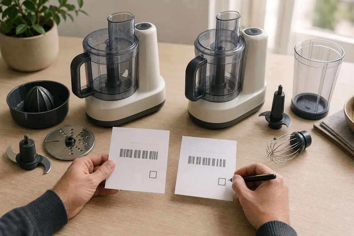Two generic unbranded appliances and different accessories compared with blank product cards