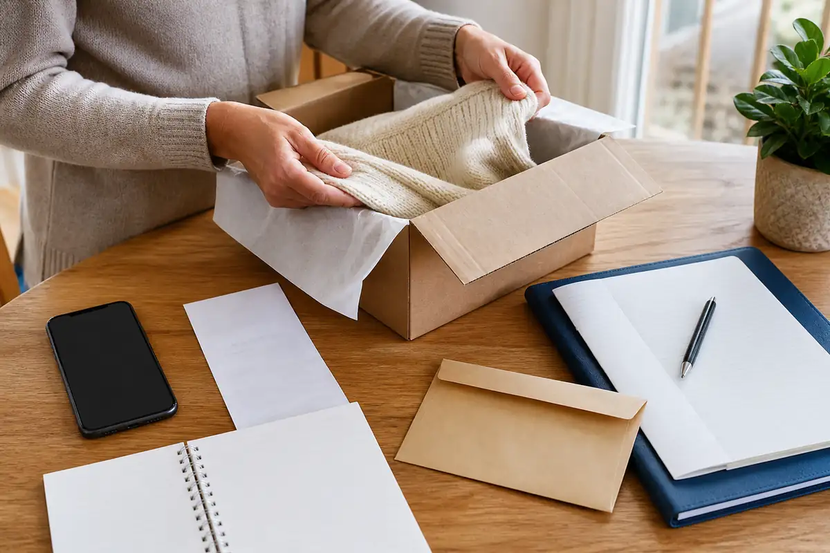 An adult organising a plain parcel and blank complaint records at a desk