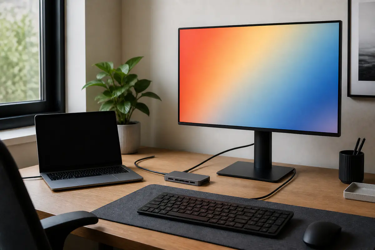 A generic unbranded monitor with an abstract gradient, blank laptop, hub, keyboard and signal cables on a desk