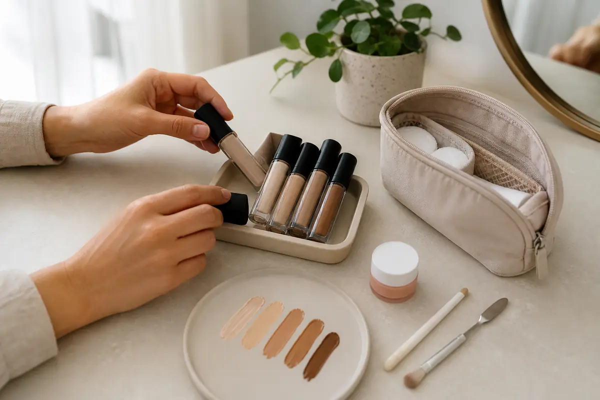 Adult hands organise fictional unbranded concealers and clean application tools
