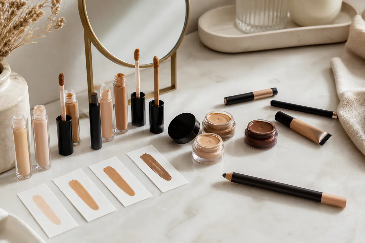 Generic unbranded concealer formats and inclusive shade swatches on a neutral dressing table