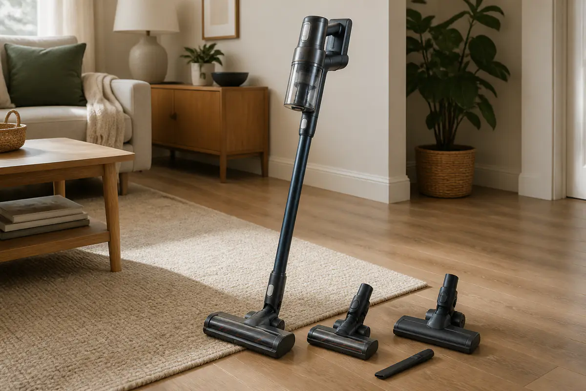 A fictional generic cordless vacuum with several floor tools where a rug meets hard flooring