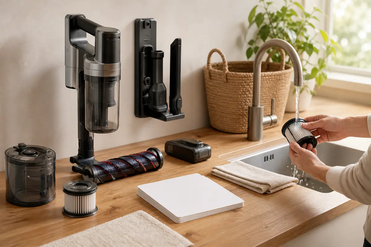 Adult hands maintain a fictional unbranded cordless vacuum filter and brush head