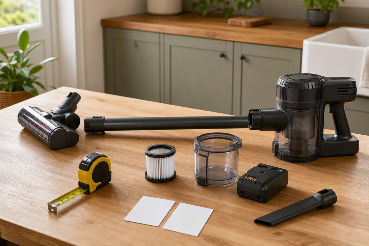 Generic unbranded cordless vacuum, battery, filter, bin and tools laid out for comparison