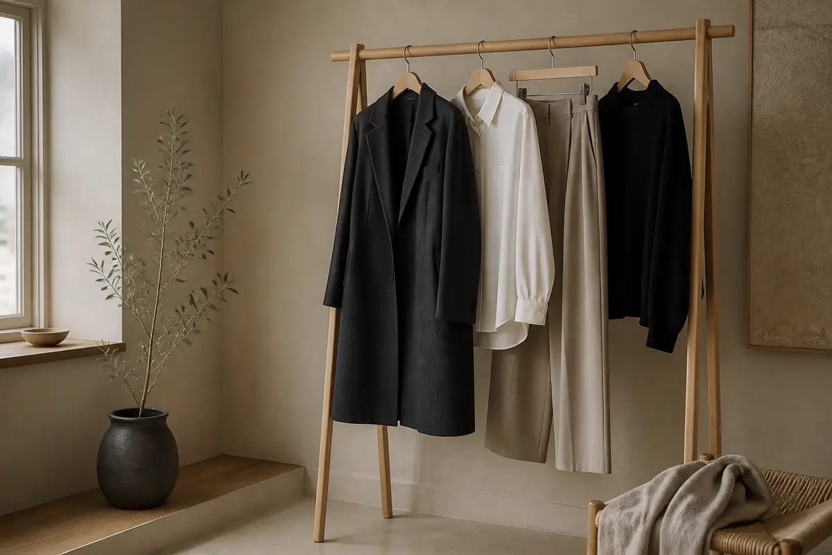 A minimalist unbranded fashion rail with charcoal, cream and stone tailoring