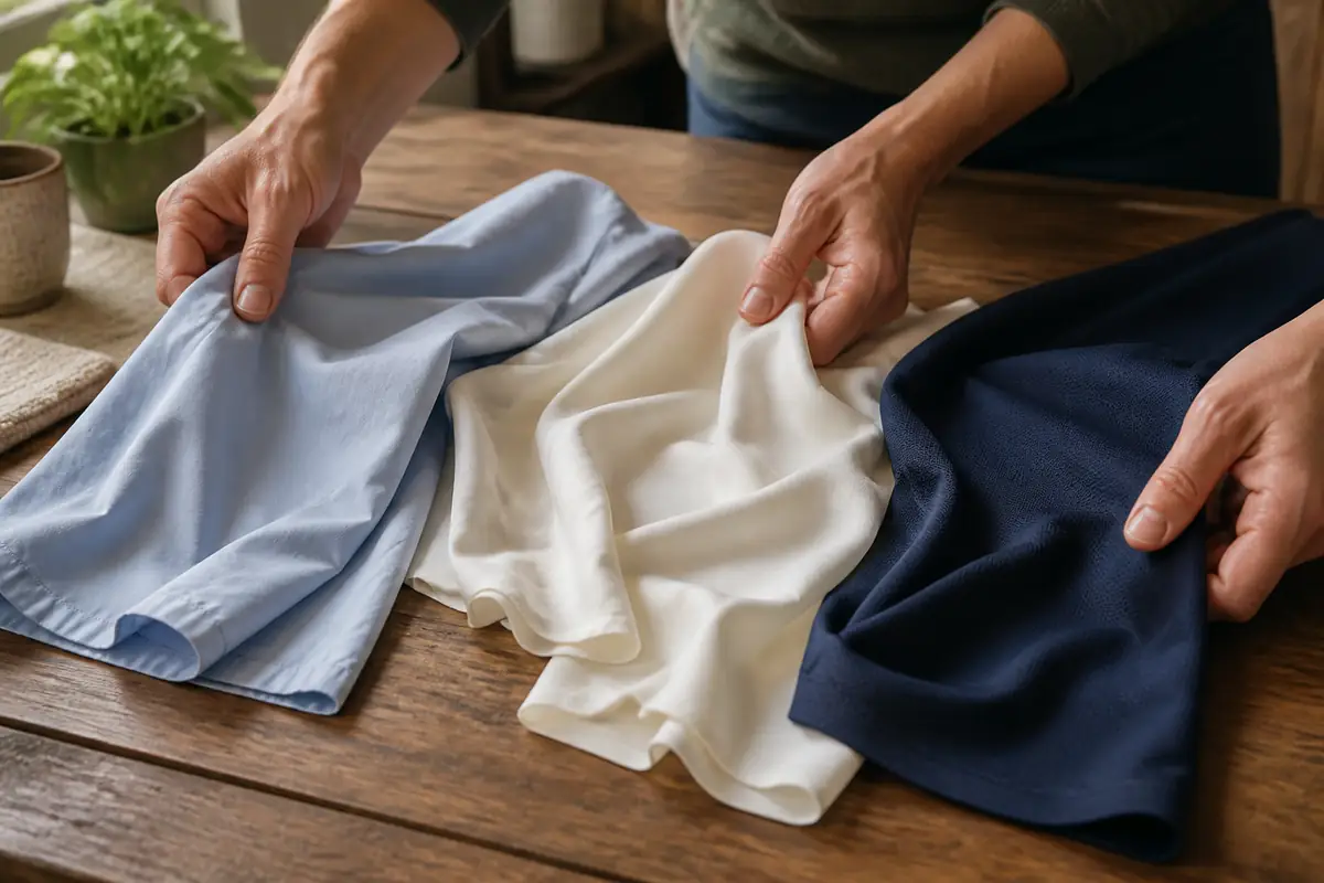 Three unbranded garment fabrics compared on a wooden table