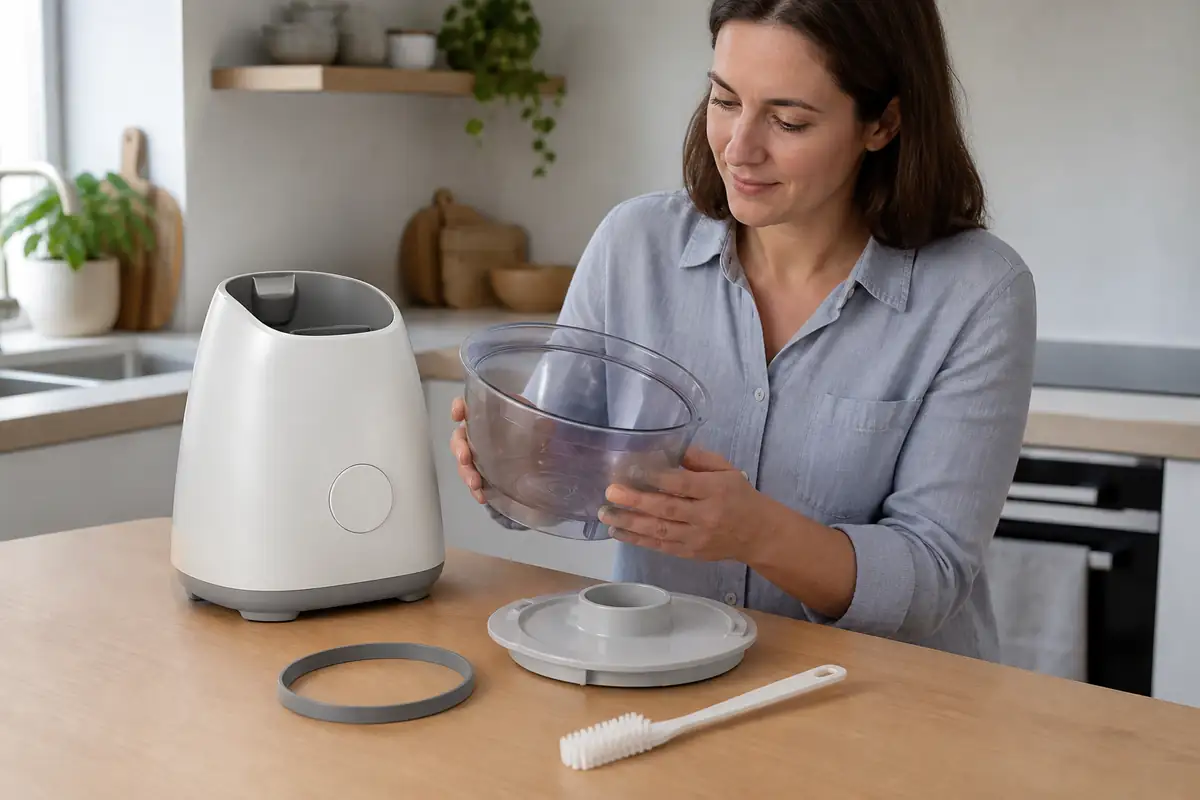 An adult inspecting removable parts from a plain countertop appliance