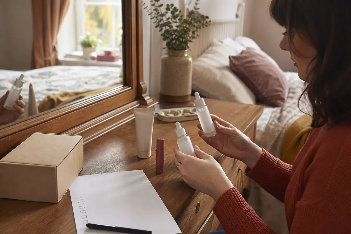 A shopper comparing unbranded beauty products from an online order