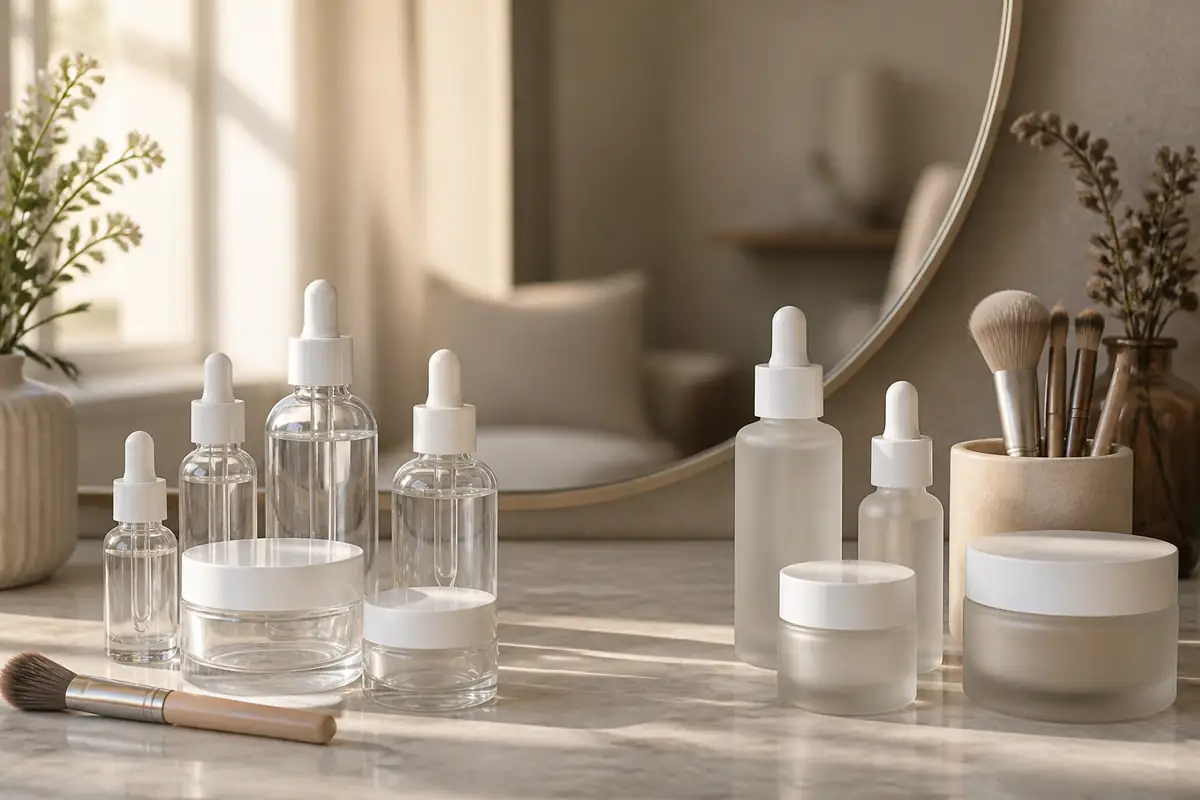 A shopper comparing two groups of unbranded beauty products