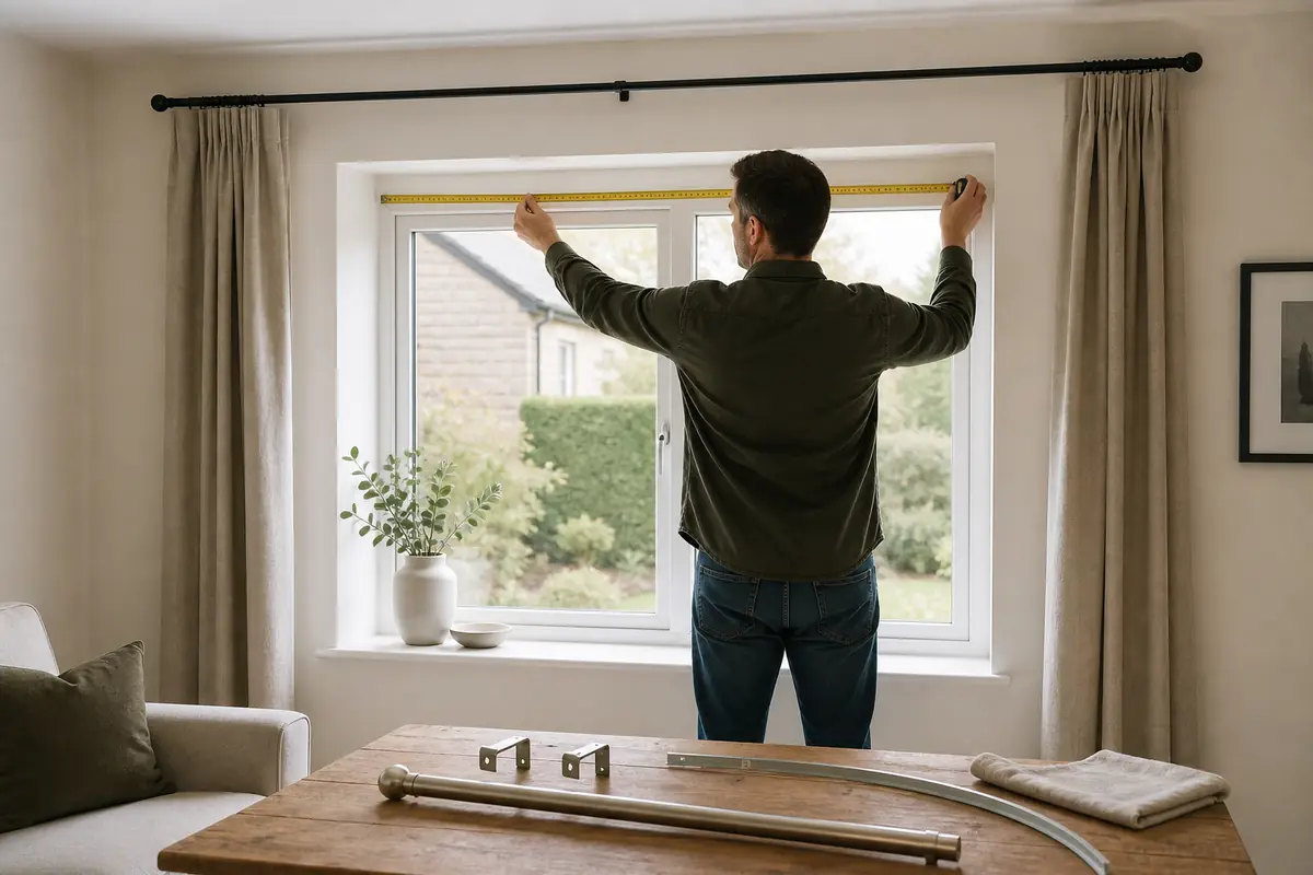An adult measuring a window beside plain curtain poles and tracks