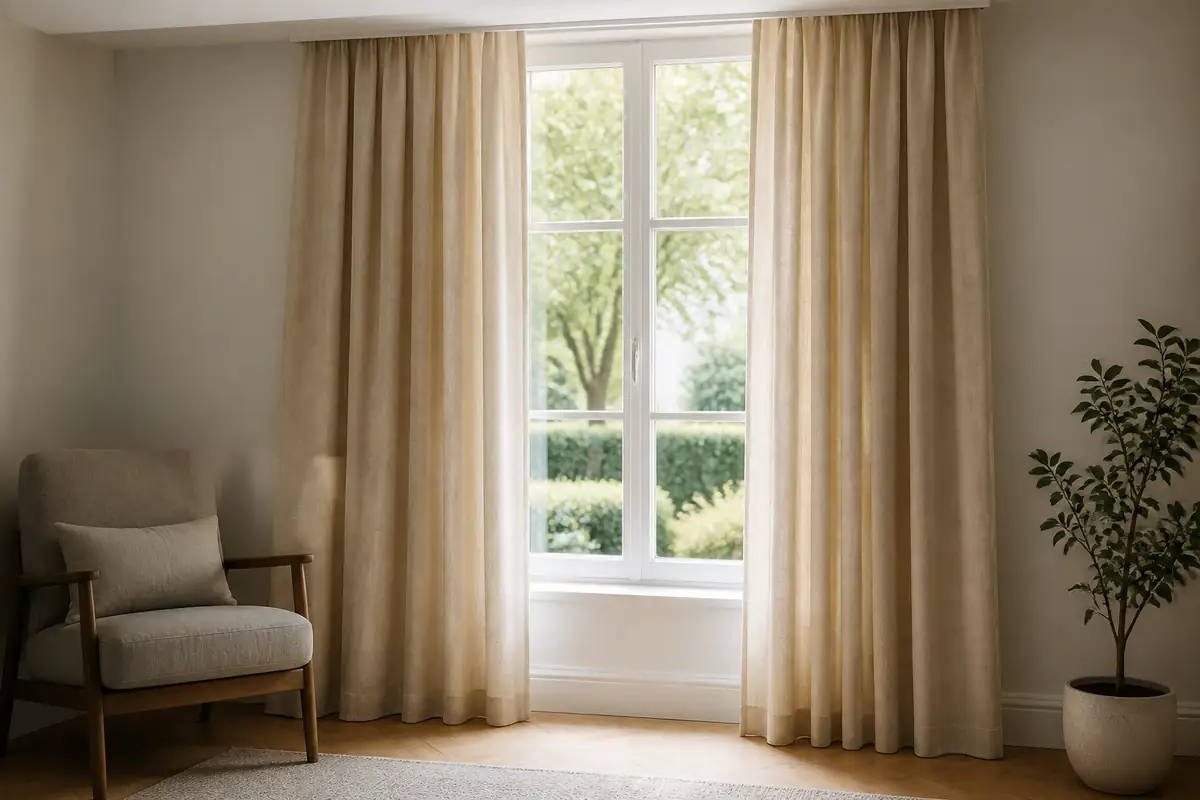 Warm oatmeal lined curtains hanging from a simple ceiling track