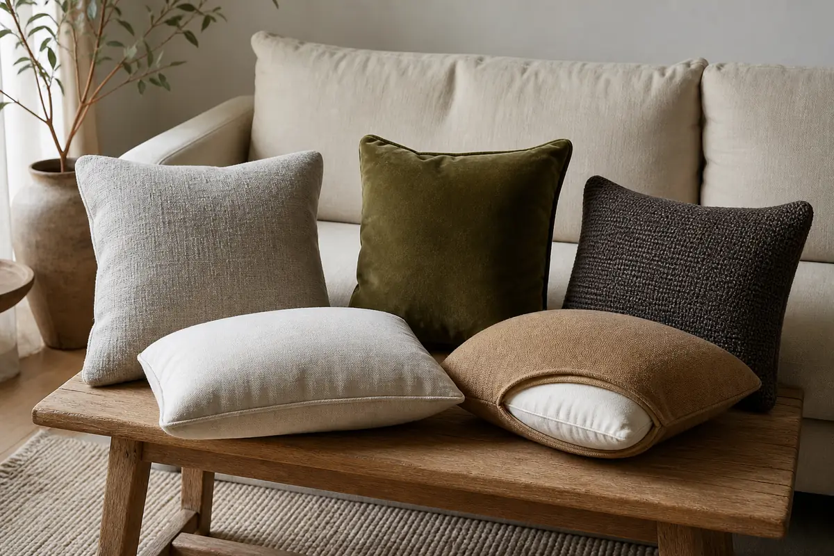 Five fictional unbranded cushions showing different dimensions, tactile covers and a removable inner pad