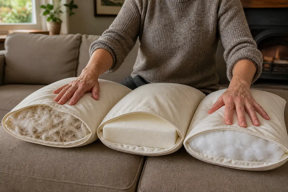 A homeowner comparing feather, foam and polyester cushion inserts