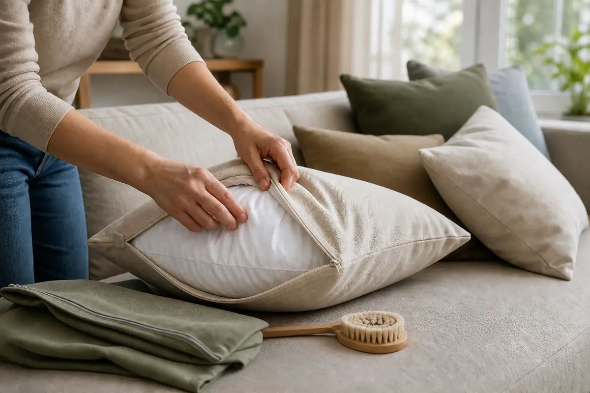 Several generic cushions and a removable insert arranged on a calm neutral sofa