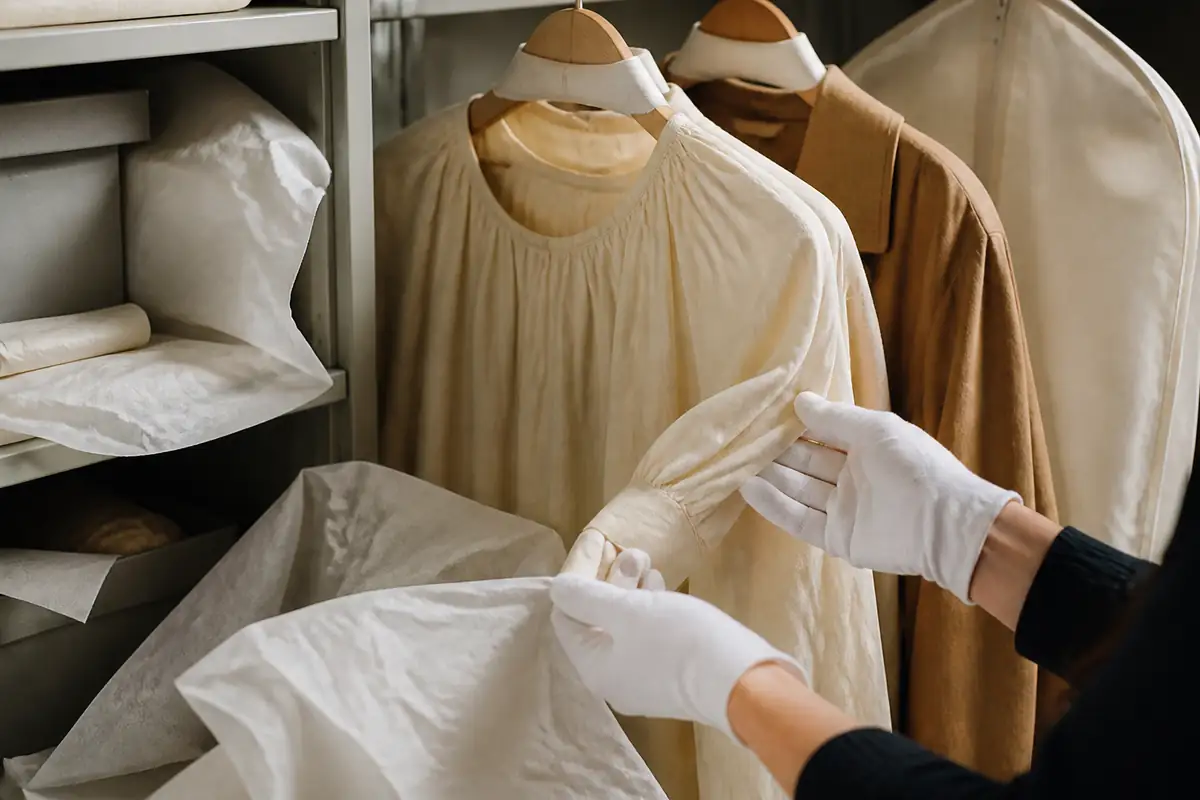 Gloved hands inspecting a plain archive garment in careful storage