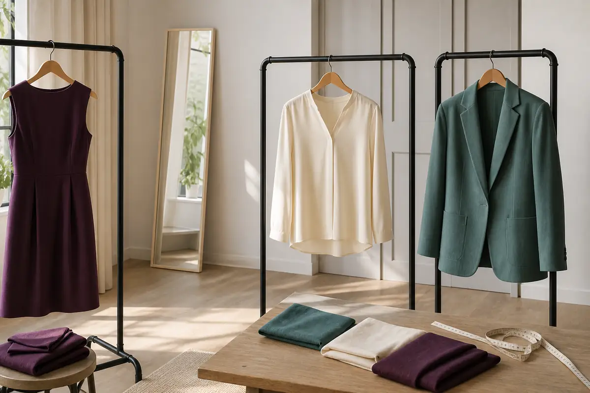 Three separate unbranded fashion displays with a measuring tape in a bright dressing room