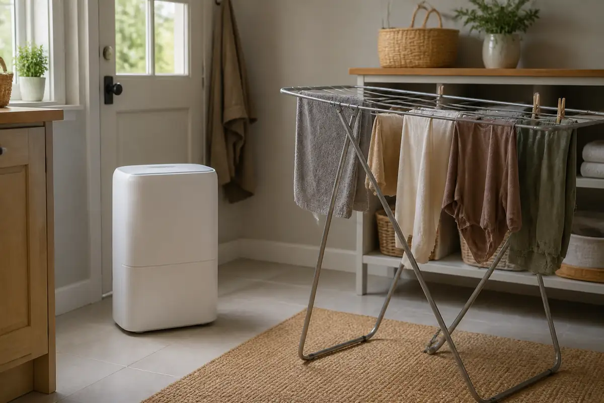 A plain dehumidifier beside spaced laundry in a utility room