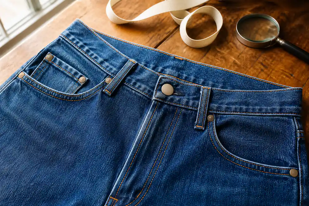 Fictional unbranded blue jeans with plain hardware laid on a wooden table beside a blank measuring ribbon and magnifying glass