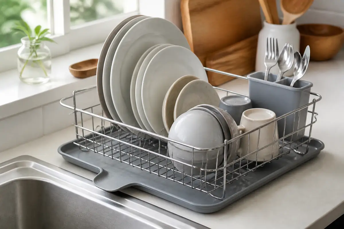 An unbranded dish drying rack with plates, cups, cutlery and a drain tray