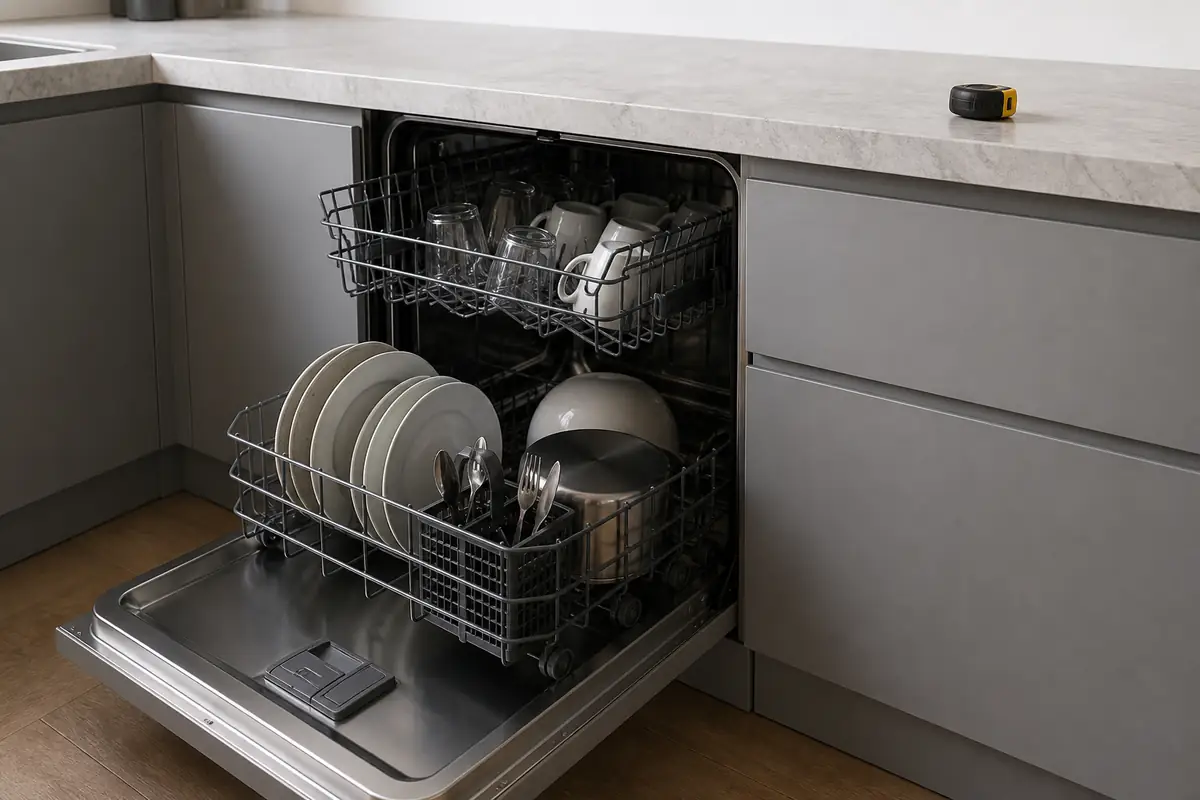 An unbranded dishwasher installation opening with a tape measure and visible service space
