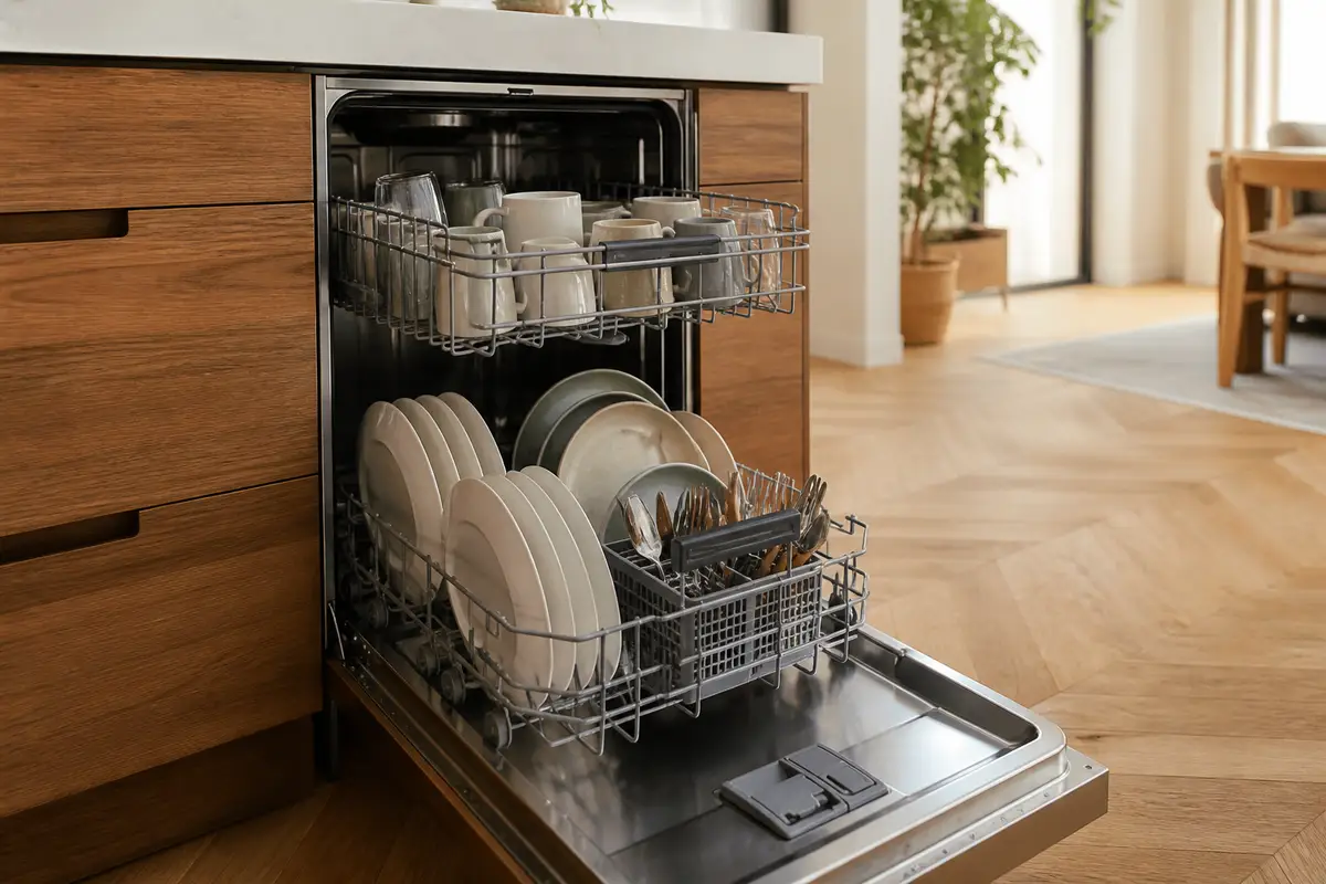 An unbranded dishwasher loaded with mixed household tableware