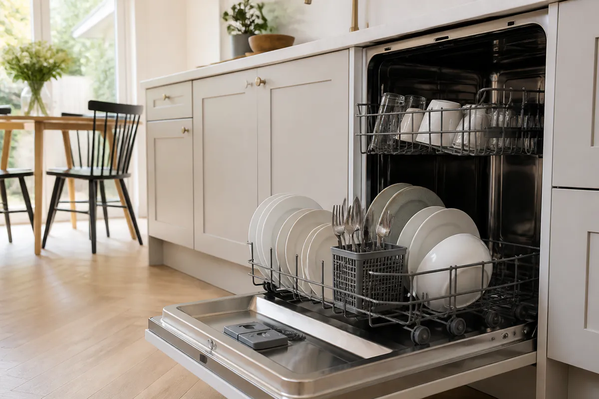 An open unbranded dishwasher in a bright kitchen loaded with plain ceramic dishes