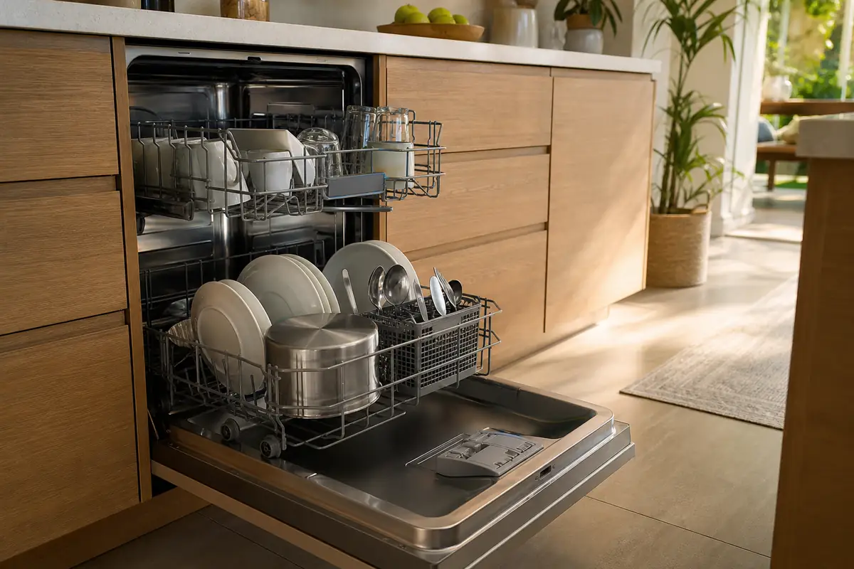 An open fictional unbranded dishwasher with adjustable racks and plain tableware in a bright kitchen
